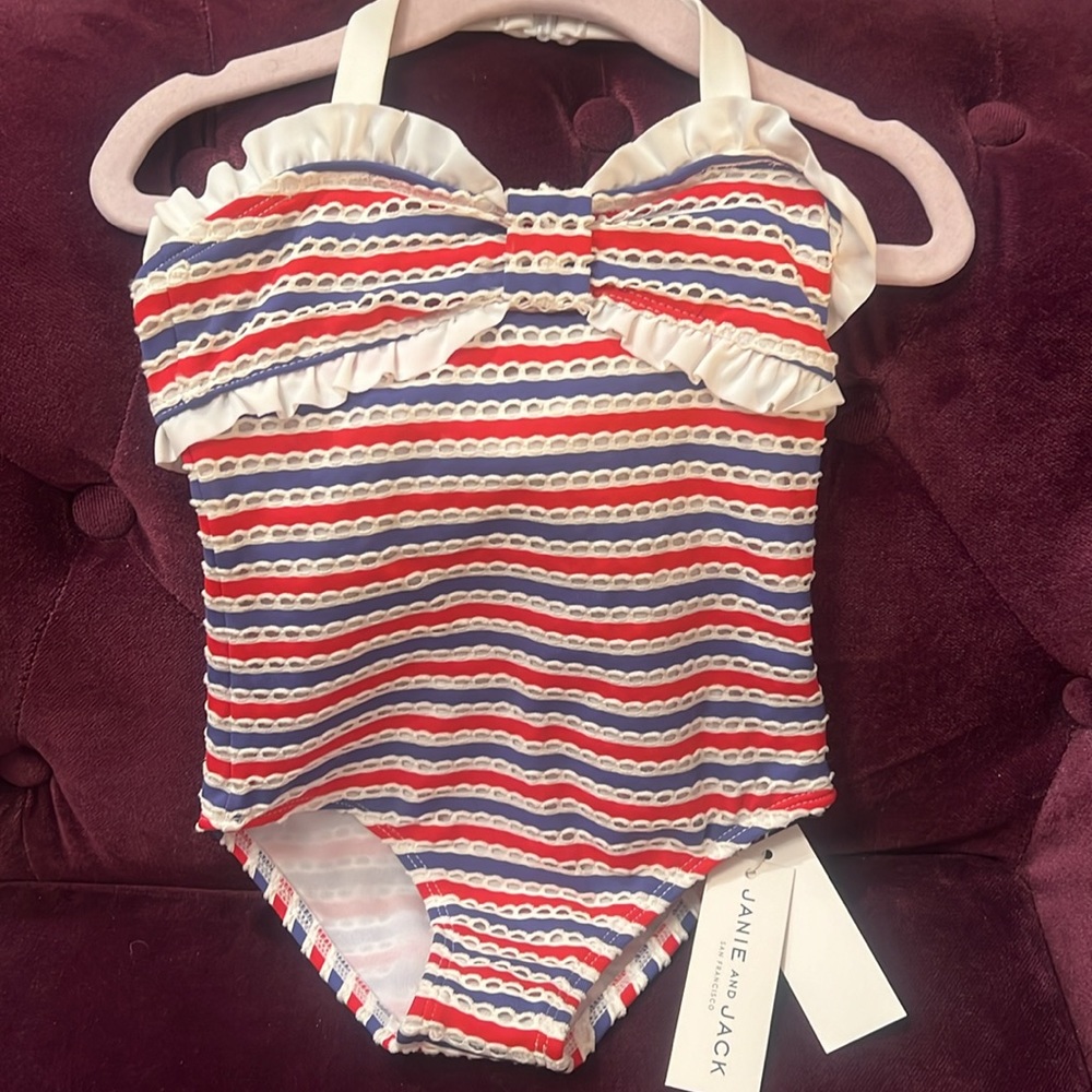 NEW JANIE & JACK RED WHITE & BLUE SWIMSUIT W/ RUFFLES & BOW SIZE 3